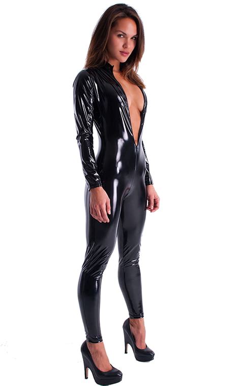 Front Zipper Catsuit Bodysuit In Gloss Black Stretch Vinylnylonlycra