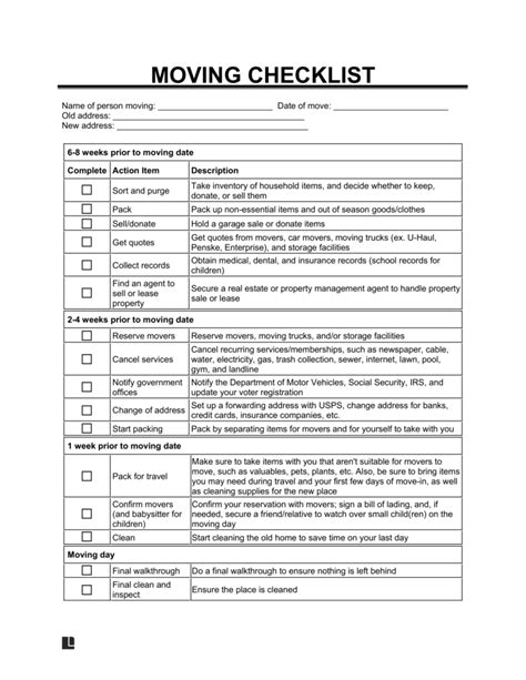 Free Moving Checklist Template Pdf And Word Legal Templates