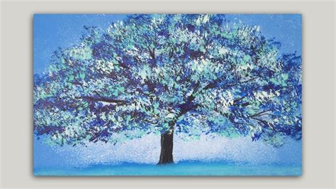 Blue Blossoming Tree Acrylic Painting On Sponge Painted Background