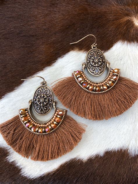Seidy Boho Tassel Crystal Bead Earrings Brown Ale Accessories