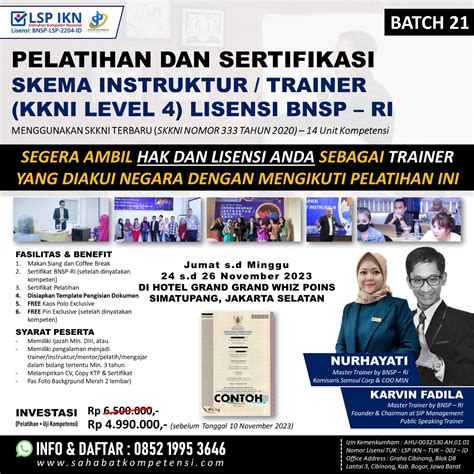 Pelatihan Dan Sertifikasi Bnsp Ri Skema Instrukturtrainer Knki