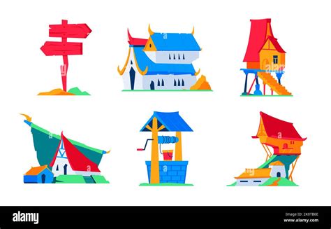 Village Architecture And Buildings Flat Design Style Object Set Stock