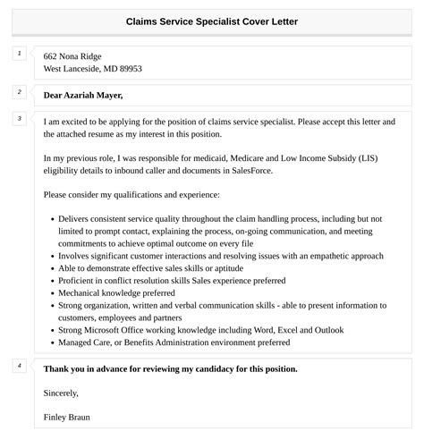 Claims Service Specialist Cover Letter Velvet Jobs