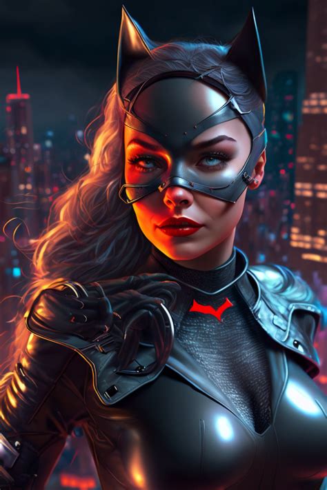 Cat Woman In Full Growth Jumping On Rooftops By Ai Marvel And Dc