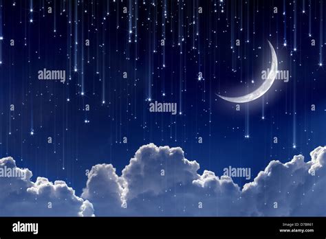 Peaceful Background Night Sky With Moon Stars Beautiful Clouds