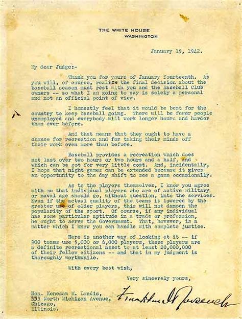 Photo Letter From Roosevelt To Landis Regarding
