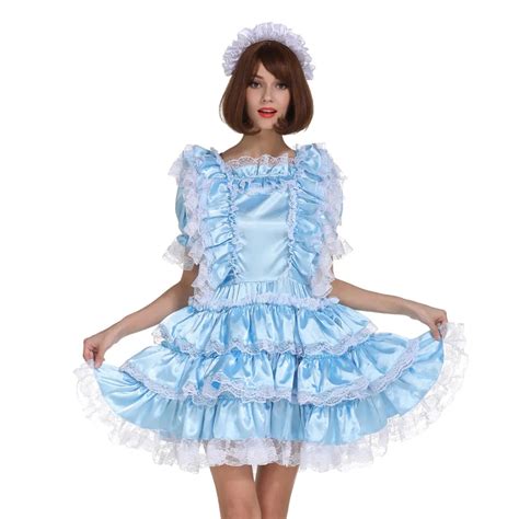 Sissy Girl Maid Shiny Satin Lockable Baby Blue Dress Costume Uniform