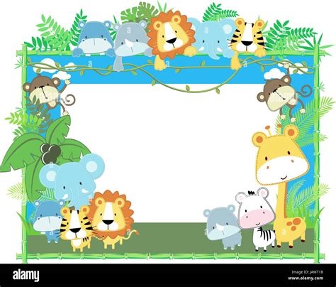 Cute Jungle Baby Animals Jungle Plants And Bamboo Frame Vector Stock