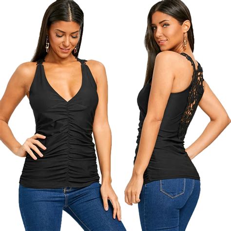 Women Sleeveless Top Fashion Summer Ruched Lace Tanks Ladies Vest