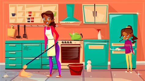 Ama De Casa Limpieza Cocina Ilustración De Afroamericano Madre
