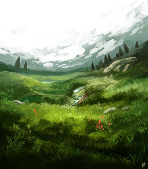 Painting Of Grassy Field Grass Painting Landscape Illustration