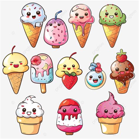 Kawaii Ice Cream Cone Characters Cute Cartoons Isolated On White Cold