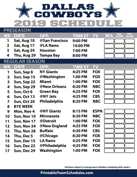 Printable Dallas Cowboys 2019 Schedule Cowboys Schedule Printable
