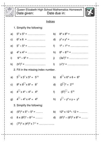 Index Numbers Maths Worksheet