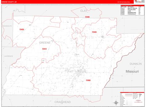 Greene County Ar Zip Code Wall Map Red Line Style By