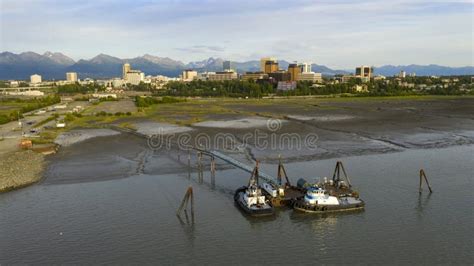 Aerial View Over The Town And Waterfront Of Anchorage Alaska Stock