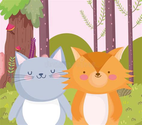 Little Cat And Fox Cartoon Character Forest Foliage Nature Landscape