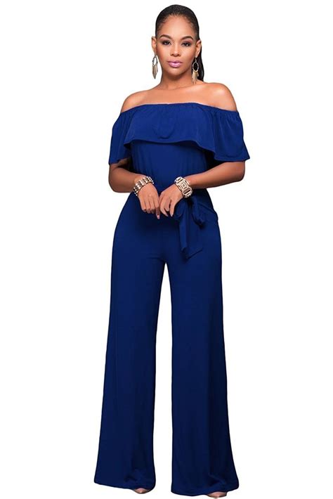 Womens Casual Sexy Off Shoulder Belted Loose Long Wide Leg Jumpsuits Rompers Blue