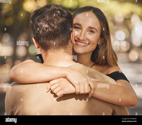 Couple Hug And Love With Support In A Park Smile And Happy On Outdoor