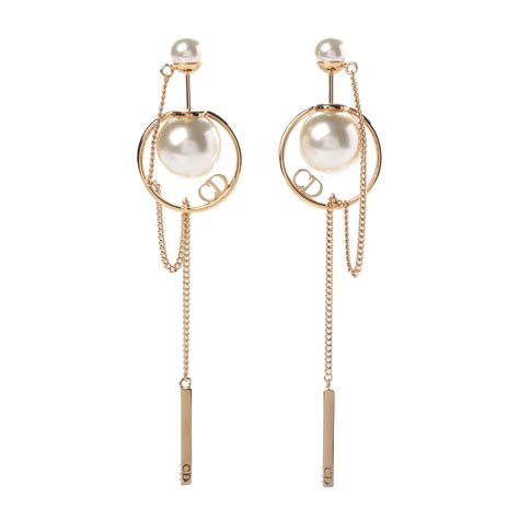 Christian Dior Pearl Tribales Dangle Chain Earrings Gold 368080