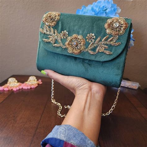 Green Velvet Clutch With Gold Embroidery Green Party Clutch Etsy