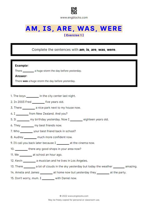Am Is Are Was Were Exercise Worksheet English Grammar