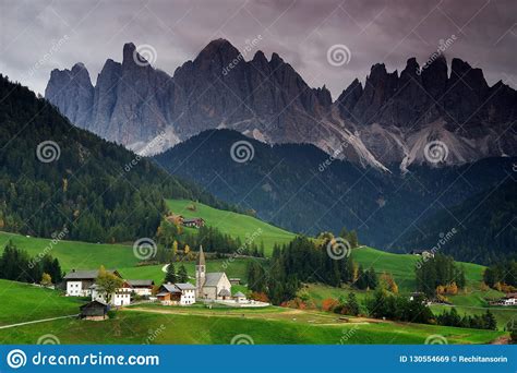The Church Santa Maddalena With The Impressive Odle Mountains Group In