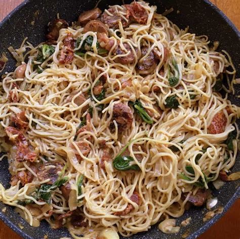 Angel hair pasta is delicious accompanied with chicken. Bacon Sausage Sun Dried Tomato Angel Hair Pasta | Small ...
