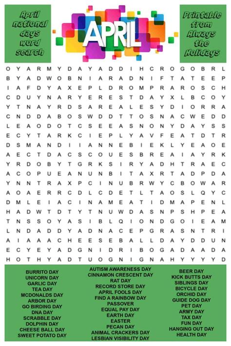 April Word Search Printable National Days Word Find Puzzle