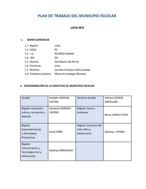 Plan De Trabajo De Municipio Escolar Lista 2 Plan De Trabajo Del