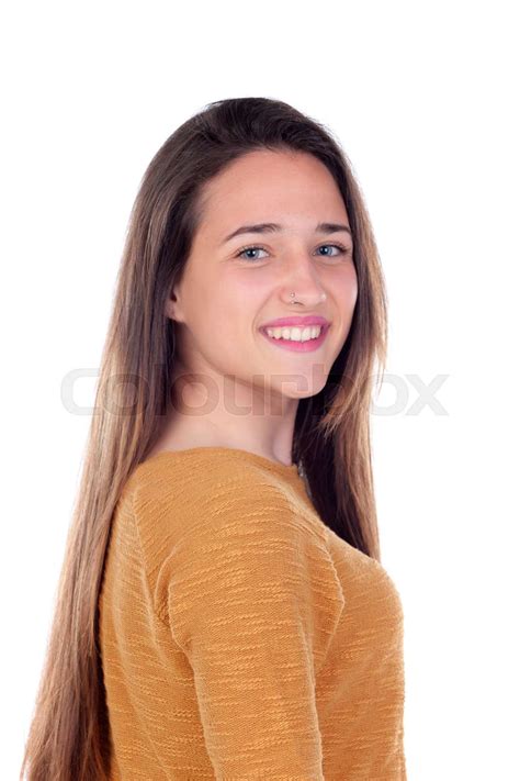 Happy Teenger Girl With Sixteen Years Old Looking At Camera Stock