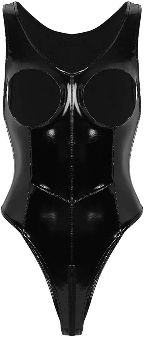 Inlzdz Womens Shiny Pvc Leather Metallic Open Bust Zipper Crotch Bodysuit Teddy