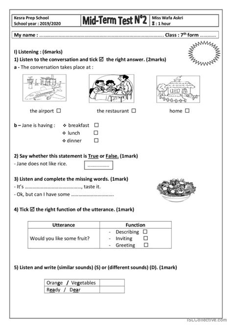 Mid Term Test N°2 7th Form English Esl Worksheets Pdf And Doc