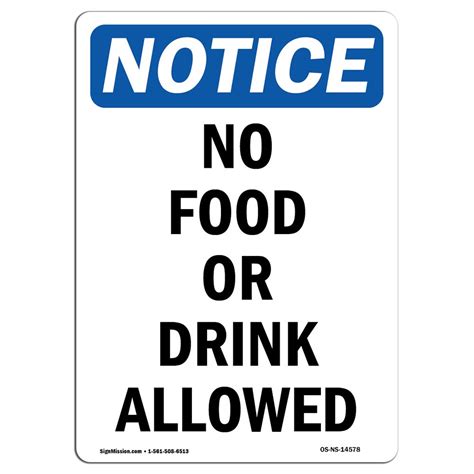 Osha Notice Sign No Food Or Drink Allowed 18 X 12