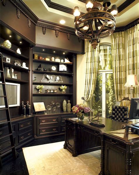 Elegant Office Space With Spacious Bookshelf And Chandelier Office