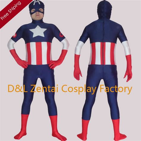 Free Shipping Dhl Adult Marvel Comics Captain America Superhero Costume Navy Lycra Spandex