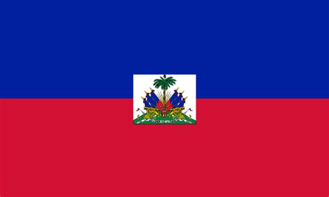 It is a bicolour flag featuring two horizontal bands coloured blue and red, emblazoned by a white rectangular panel bearing the coat of arms of haiti. File:Flag of Haiti.svg - OLPC