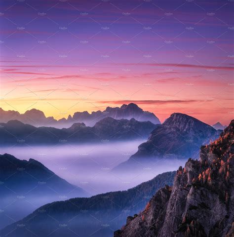 Mountains In Fog At Beautiful Sunset Beautiful Sunset Aerial View