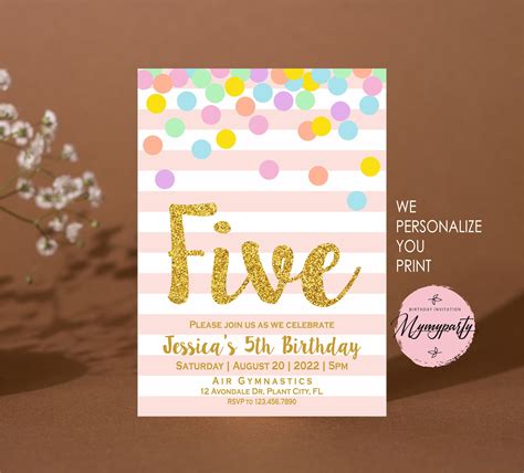 Girl 5th Birthday Invitation Pink And Gold Fifth Birthday Etsy