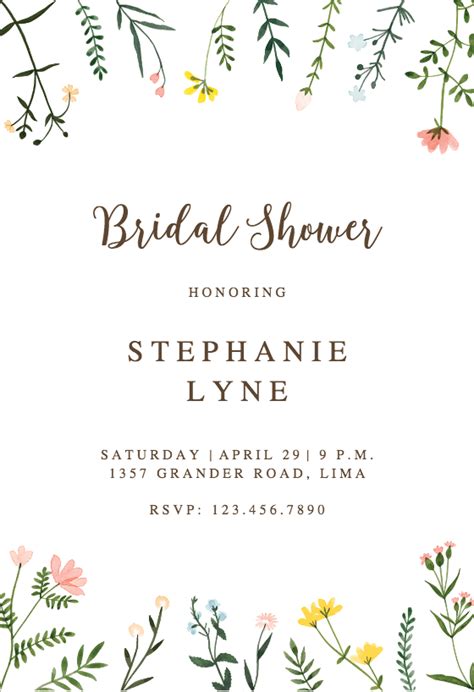Wildflower Watercolor Border Bridal Shower Invitation Template