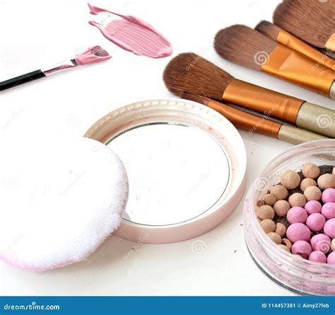 Cosmetics Set With Powder And Make Up Brushes Stock Image Image Of