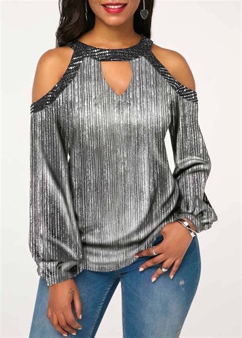 Embellished Neck Silver Cold Shoulder Shining Blouse Trendy Tops For