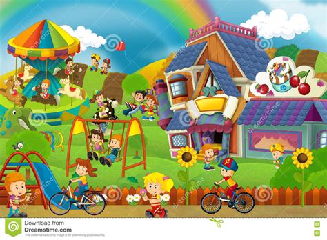 Cartoon Scene Of Playground And Kids In Front Of A Colorful Building