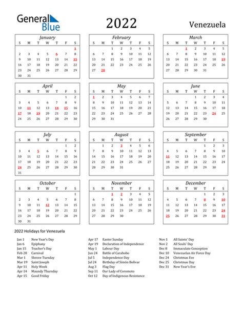 2022 Calendar Venezuela With Holidays