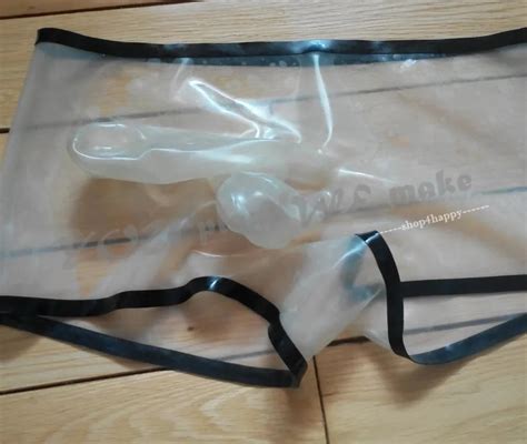 shop4happy latex panties attached condom rubber shorts penis sheath sock rubber boxer