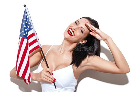 Woman With Big Tits Holding USA Flag Stock Image Image Of Salute