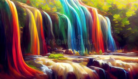 Colorful Waterfall River Flow In The Forest Digital Illustration Ai