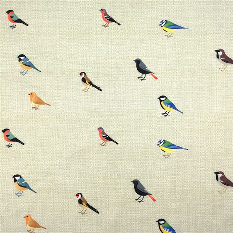 Sparrow Bird Print Fabric By The Yard Colorful Birds On Linen Etsy