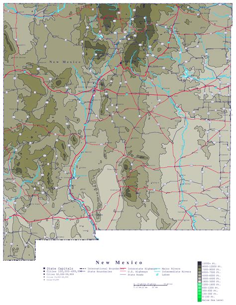 Large Detailed Elevation Map Of New Mexico State Maps