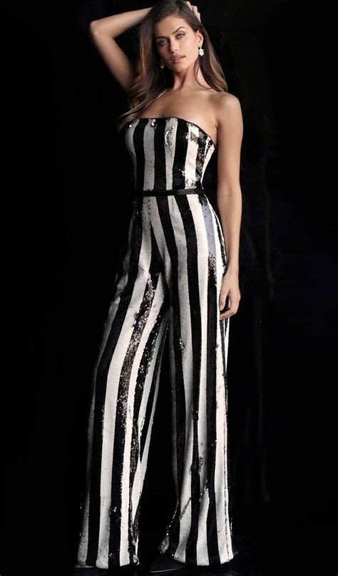 Jovani 65397 Strapless Striped Sequined Jumpsuit In 2020 Prom